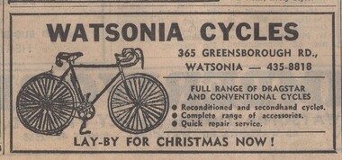 Advertisement - Digital image, Diamond Valley News, Watsonia Cycles, 1973, 21/08/1973