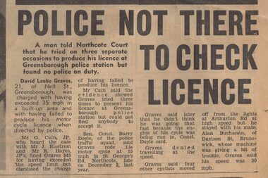 Newspaper Clipping - Digital Image, Diamond Valley News, Police not there to check licence, 21/08/1973