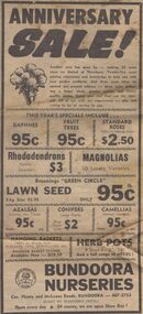 Advertisement - Digital image, Diamond Valley News, Bundoora Nurseries, 1974, 24/09/1974