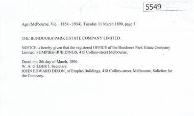 Article, Bundoora Park Estate Company, 1890-1894