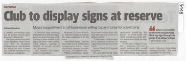Newspaper Clipping, Diamond Valley Leader, Club to display signs at reserve, 30/05/2018