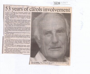 Newspaper Clipping, Diamond Valley Leader, 53 years of carols involvement; and, Tom remembers our history well, 31/10/1989