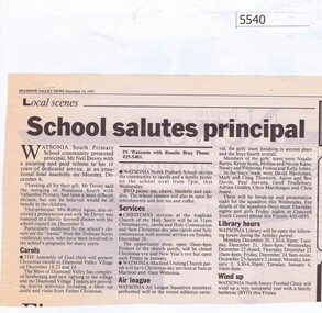 Newspaper Clipping, School salutes principal; and, School shifts, by Fiona Kaegi. Watsonia South Primary [Wa5024], 14/12/1993