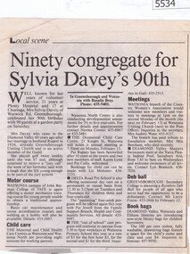 Newspaper Clipping, Diamond Valley Leader, Ninety congregate for Sylvia Davey's 90th, 1995_