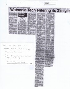 Newspaper Clipping, Watsonia Technical School entering its 31st year WaTECH, 19/01/1988