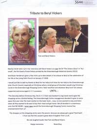 Documents, A Celebration of the life of Beryl Kathleen Vickers; with tributes from Bryan Henderson and Rosie Bray, 10/01/2018