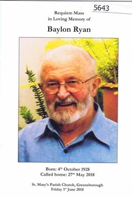 Booklet, and document, Peter Ryan, Requiem Mass for Baylon Ryan; Eulogy by Peter Ryan, 01/06/2018