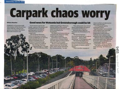 Article - Newspaper Clipping, Diamond Valley Leader, Carpark Chaos worry, 20/06/2018