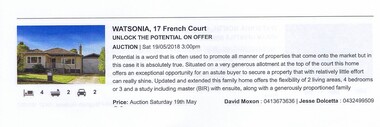 Advertising Leaflet, 17 French Court Watsonia, 19/05/2018