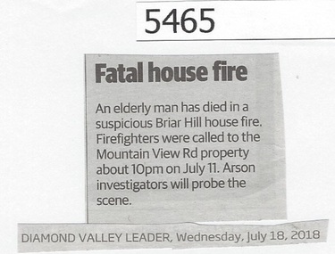 Newspaper Clipping, Diamond Valley Leader, Fatal house fire, 18/07/2018