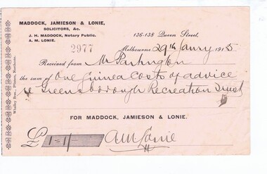 Receipt - Digital Image, Maddock, Jamieson and Lonie, Greensborough Recreation Trust, 1915, 29/01/1915