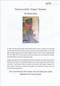 Document, Rosie Bray, Tribute to Keith "Ginger" Weedon,by Rosie Bray, 2018_