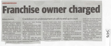 Newspaper Clipping, Diamond Valley Leader, Franchise owner charged, 15/08/2018