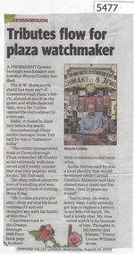 Newspaper Clipping, Diamond Valley Leader, Tributes flow for plaza watchmaker Wayne Conkie, 15/08/2018