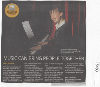 Newspaper Clipping, Diamond Valley Leader, Music can bring people together [Montmorency Secondary College Mo8068], 12/09/2018