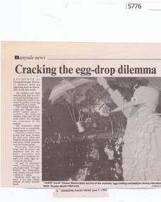 Newspaper Clipping, Diamond Valley News, Cracking the egg-drop dilemma, 07/06/1995