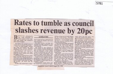 Newspaper Clipping, Diamond Valley News, Rates to tumble as council slashes revenue by 20pc, 23/08/1995