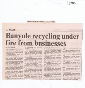 Newspaper Clipping, Diamond Valley News, Banyule recycling under fire from businesses, 01/11/1995