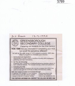 Newspaper Clipping, Diamond Valley News, Greensborough Secondary College, 13/09/1995
