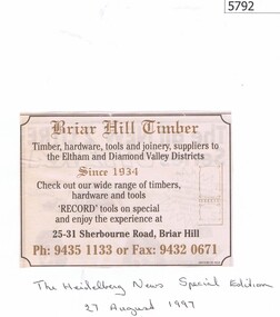 Newspaper Clipping, Heidelberg News, Briar Hill Timber, 27/08/1997
