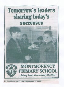 Newspaper Clipping, Diamond Valley News, Montmorency Primary School, 13/09/1995