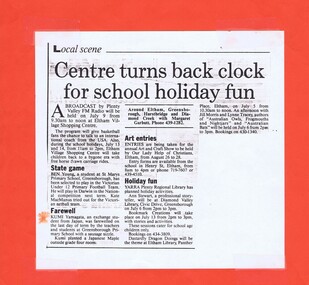 Newspaper Clipping - Digital Image, Centre turns back clock [Greensborough Primary School Gr2062], 1990s