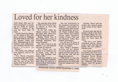 Newspaper Clipping - Digital Image, Loved for her kindness [Greensborough Primary School Gr2062], 01/11/1995