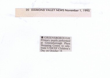 Newspaper Clipping - Digital Image, Greensborough Primary perform at Greensborough Plaza Gr2062, 01/11/1995