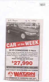 Newspaper Clipping, Diamond Valley Leader, Watson Holden Bundoora [1995], 13/09/1995