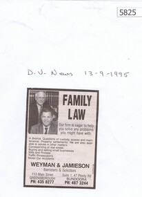 Newspaper Clipping, Diamond Valley Leader, Weyman & Jamieson, family law  [1995], 13/09/1995