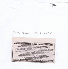 Newspaper Clipping, Diamond Valley Leader, Greensborough Computers  [1995], 13/09/1995