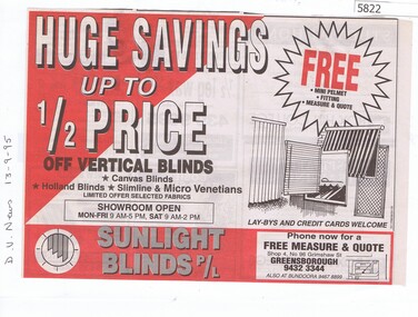 Newspaper Clipping, Diamond Valley Leader, Sunlight Blinds P/L  [1995], 13/09/1995