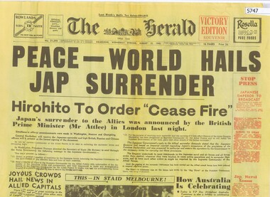 Newspaper (facsimile), The Herald, The Herald: August 15 1945. Victory edition souvenir (facsimile copy), 15/08/1945