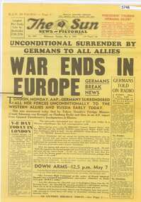Newspaper, Sun News Pictorial, The Sun News-Pictorial: "War ends in Europe" edition May 8, 1945, 08/05/1945