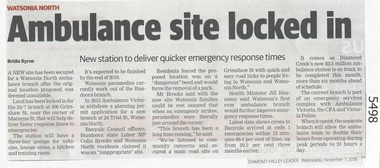 Newspaper Clipping, Diamond Valley Leader, Ambulance site locked in, 07/11/2018