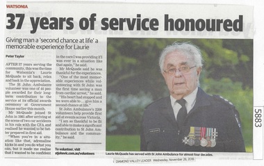 Newspaper Clipping, Diamond Valley Leader, 37 years of service honoured, 28/11/2018