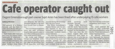 Newspaper Clipping, Diamond Valley Leader, Cafe operator caught out, 16/01/2019