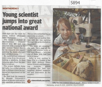 Newspaper Clipping, Diamond Valley Leader, Young scientist jumps into great national award, 16/01/2019