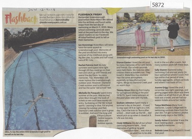 Newspaper - Newspaper Clipping, Diamond Valley Leader, Flashback Friday [Greensborough Swimming Pool], 12/09/2018