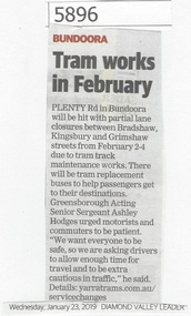 Newspaper Clipping, Diamond Valley Leader, Tram works in February, 23/01/2019