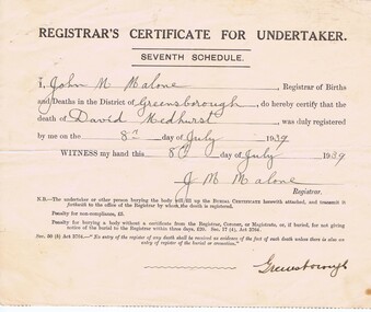 Certificate - Digital Image, David Medhurst, death certificate 1939, 08/07/1939