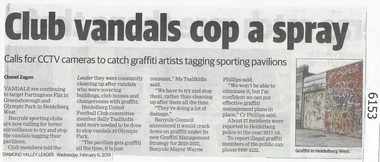 Newspaper Clipping, Diamond Valley Leader, Club vandals cop a spray, 06/02/2019