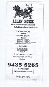 Leaflet, Allan House, Allan House Asian & Vietnamese Restaurant Take Away Menu, 2018_