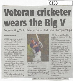 Newspaper Clipping, Diamond Valley Leader, Veteran cricketer wears the Big V, 27/02/2019