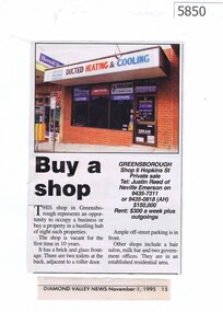 Newspaper Clipping, Buy a shop: Shop 6 Hopkins Street Greensborough, 01/11/1995