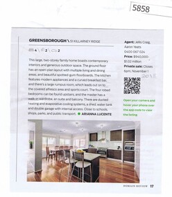 Newspaper Clipping, Domain Review et al, 51 Killarney Ridge Greensborough, 16/11/2018