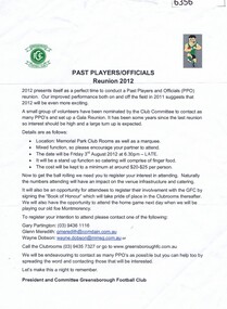 Letter, Greensborough Football Club; Past Player/Officials Reunion 2012, 2012_
