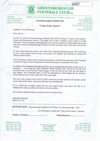 Correspondence - Letter, Greensborough Football Club, Greensborough Football Club; Team of the Century 2002, 2002_