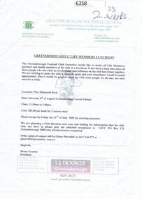 Letter, Greensborough Football Club; Life Members Luncheon 2009, 2009_