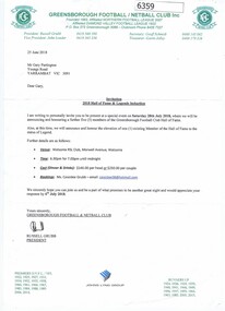 Letter, Greensborough Football Club; Hall of Fame and Legends Induction 2018, 2018_